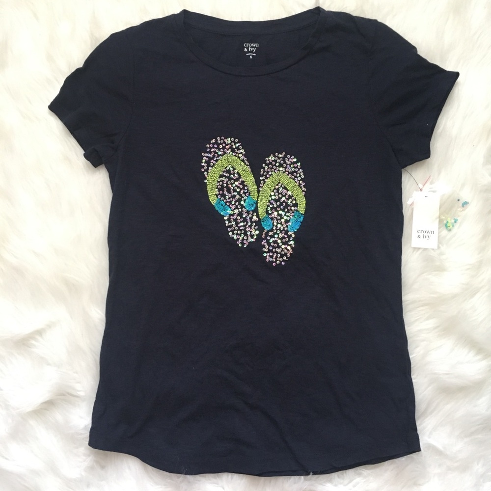 Crown and Ivy Navy Sequin Flip Flop Shirt SzS